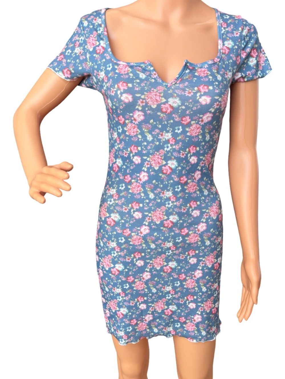 Blue Floral Notch-Neck Mini Dress
